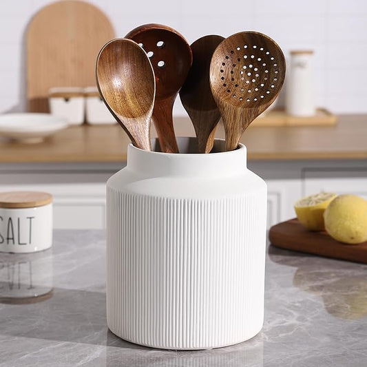 Farmhouse Ceramic Farmhouse Kitchen Utensil Holder for Countertop, Rustic Cooking Utensil Holder Crock Fit for Kitchen Counter. White 6.1 x 6.1 x 7 IN by Unknown