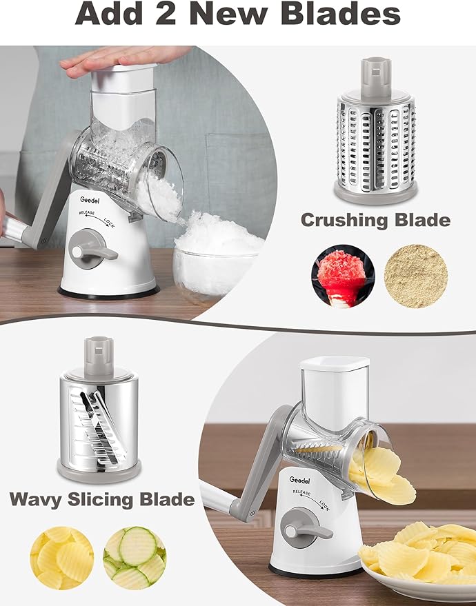 Geedel Rotary Cheese Grater Cheese Shredder with 5 Interchangeable Blades - Upgraded Rotary Grater Featuring Strong Suction Base for Cheese Shredding, Wavy Slicing, Nut Grinding, and Ice Shaving - Image 3