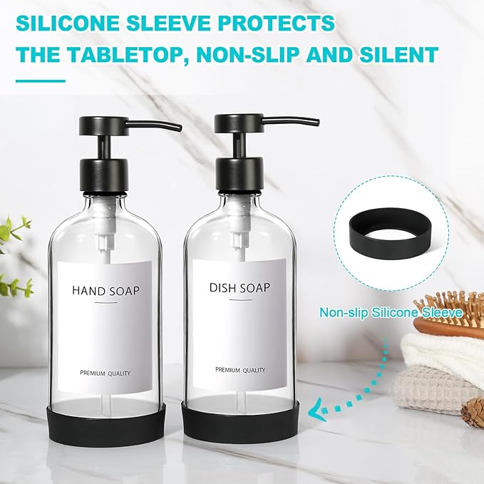 RYTOXILO Clear Soap Dispenser 2 Pack, Glass Soap Dispenser with Stainless Steel Pump, 16.9 Fl oz Refillable Kitchen Hand and Dish Soap Dispensers Set, Modern Clear Soap Lotion Dispensers Bottle - Image 5