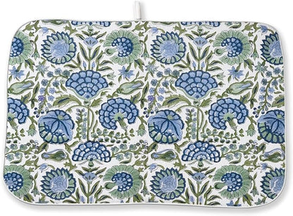 Vintage Blue Sage Green Floral Dish Drying Mat 18 x 24 Inch Boho Floral Drying Mat for Kitchen Counter Absorbent Flowers Dishes Dry Pad for Drainer Rack Kitchen Fast Dry