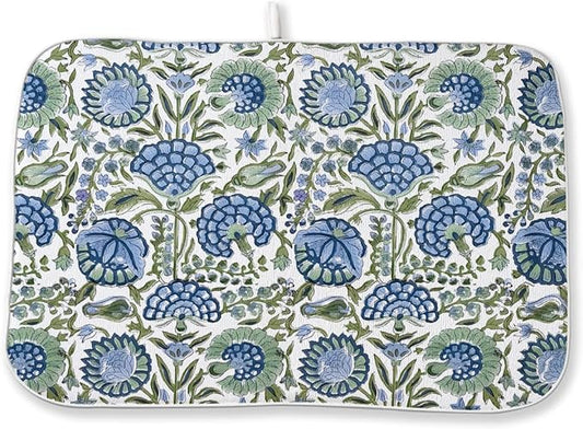 Vintage Blue Sage Green Floral Dish Drying Mat 18 x 24 Inch Boho Floral Drying Mat for Kitchen Counter Absorbent Flowers Dishes Dry Pad for Drainer Rack Kitchen Fast Dry