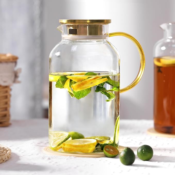 2 Pack 2 Liter/68oz Glass Pitchers with Lid and Handle, Glass Water Pitcher with Lid and Spout for Fridge, Iced Tea, Coffee, Borosilicate Glass Carafe for Hot/Cold Brew Drink