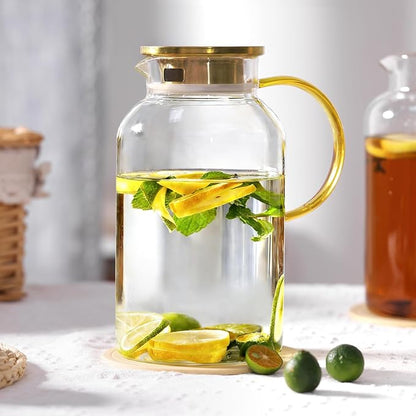 2 Pack 2 Liter/68oz Glass Pitchers with Lid and Handle, Glass Water Pitcher with Lid and Spout for Fridge, Iced Tea, Coffee, Borosilicate Glass Carafe for Hot/Cold Brew Drink