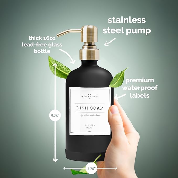 Vine Creations Black Glass Soap Dispenser, 2 Pack Kitchen Soap Dispenser Set with Stainless Steel Pump, 16 oz Dish Soap and Hand Soap Dispensers for Bathroom with Waterproof Labels - Image 6