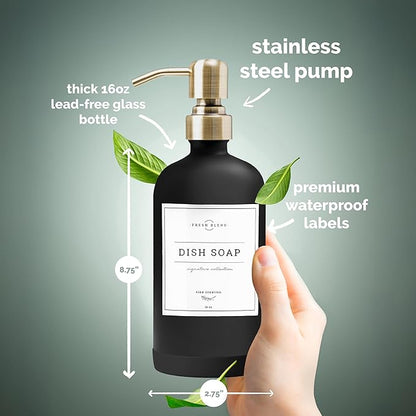 Vine Creations Black Glass Soap Dispenser, 2 Pack Kitchen Soap Dispenser Set with Stainless Steel Pump, 16 oz Dish Soap and Hand Soap Dispensers for Bathroom with Waterproof Labels - Image 6