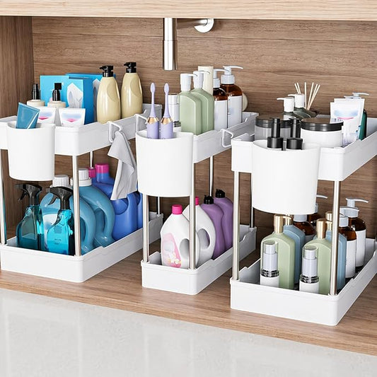 3 Pack Under Sink Organizers and Storage, 2 Tier Bathroom Cabinet Organizer Shelf with Hanging Cups for Kitchen & Bathroom (White) by Unknown