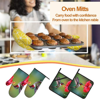 Oven Mitts and Hot Pads Set - Hummingbird Flower Design, Heat Resistant Cute Pot Holders for Kitchen, Baking Gifts for Women