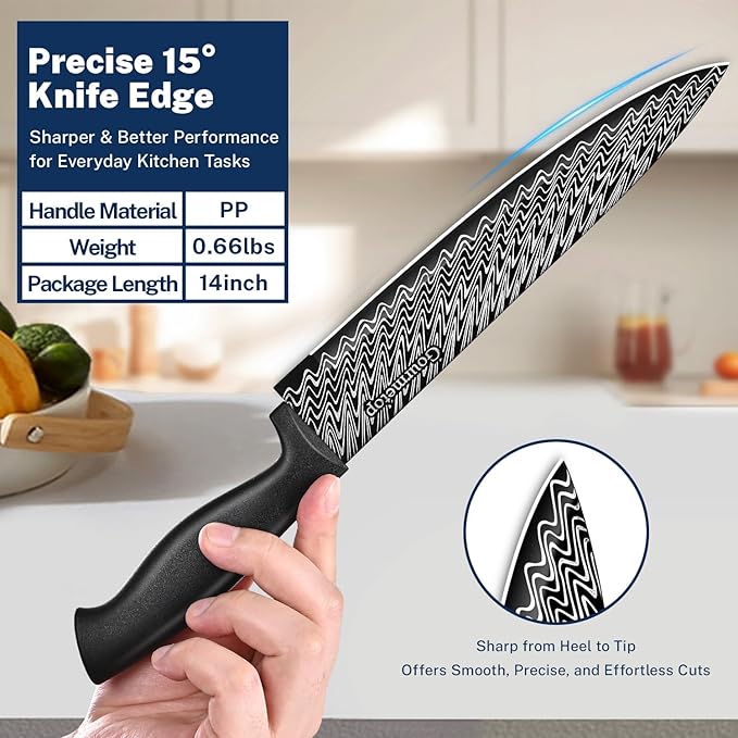 Gourmetop Kitchen Knife Set with Cover 3 Pcs, Black Chef Knife Set for Cooking, Sharp Kitchen Knives with Sheath, 8'' Chef Knife, 5'' Utility, 3.5'' Paring, Damascus Pattern Kitchen Knife for Cutting - Image 2