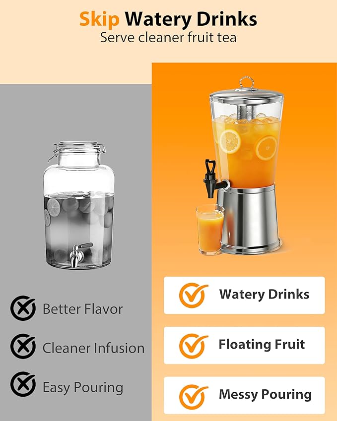 Beverage Dispenser with Stand, 2.5 Gallon Drink Dispenser for Parties,Events,Buffet &Self-Serve,Dual Ice Tube Core Fruit Infuser,Leakproof Spigot,Clear PC Container, Stainless Steel Lid&Base - Image 4
