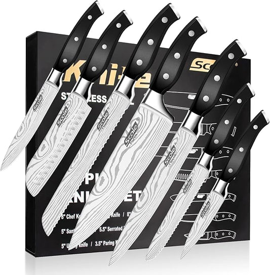SCOLE® Chef Knife Ultra Sharp Kitchen Knife Set 7-Piece, Premium German 1.4116 Stainless Steel Chefs Knife Set, Ergonomic Handle Professional Full Tang Knives Set for Kitchen with Gift Box