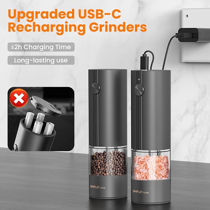 SIMPLETASTE Electric Salt and Pepper Grinder Set with LED Light, Automatic Pepper Mill Shakers with Adjustable Coarseness, One Hand Operation for Kitchen, Dining, Gifting, Black, Rechargeable - Image 3