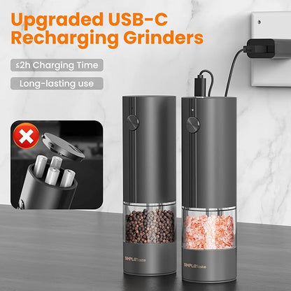 SIMPLETASTE Electric Salt and Pepper Grinder Set with LED Light, Automatic Pepper Mill Shakers with Adjustable Coarseness, One Hand Operation for Kitchen, Dining, Gifting, Black, Rechargeable - Image 3