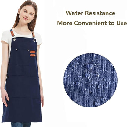 AFUN Chef Aprons for Women Men with Oversized Pockets, 12-Ounce Cotton Canvas Cross Back Water Repellent Apron (Dark Blue) - Image 3