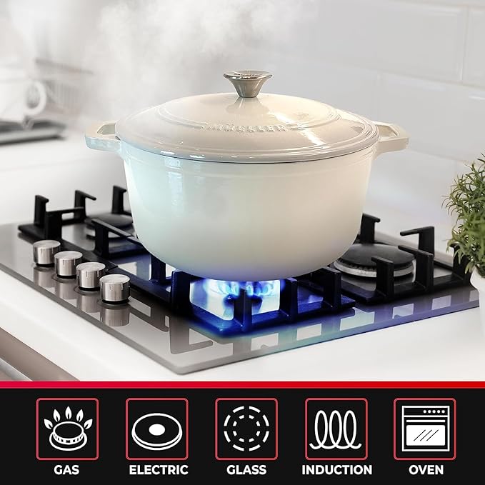MUELLER HOME 7.5 QT Enameled Cast Iron Dutch Oven, Heavy-Duty Casserole Dish and Braiser Pan with Lid and Stainless Knob, Oven-Safe up to 500° F & Across All Cooktops, Oyster White - Image 5