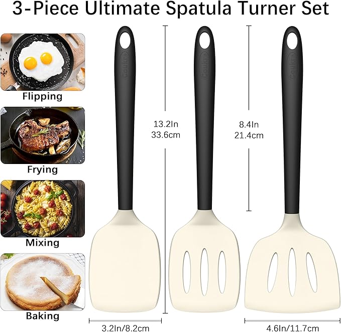 Coukre 3 Pack Silicone Spatula Set, High Heat Resistant, BPA-Free, Fish Spatula, Solid & Slotted Turner for Non-Stick Pans, Flipping Eggs, Pancakes, Fish, Burgers (3, BeigeBlack) - Image 2