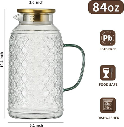 Buaic Glass Pitcher with Lid,84 oz/2.5 Liter Vintage Water Pitcher, Clear Borosilicate Glass Water Carafe for Cold Brew, Coffee, Lemonade, Iced Tea, Juice, Beverage, Heat Resistant Water Glass Jug - Image 2