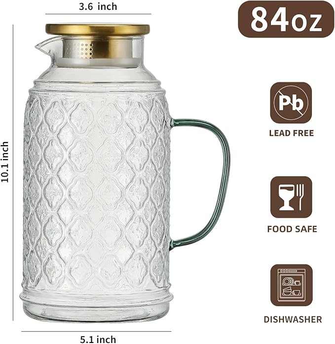 Buaic Glass Pitcher with Lid, 2 PACK 84 oz/2.5L Liter Vintage Water Pitcher, Clear Borosilicate Glass Water Carafe for Cold Brew, Coffee, Lemonade, Iced Tea,Beverage, Heat Resistant - Image 2