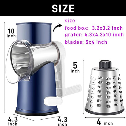 Weltonhm Rotary Cheese Grater with 4 Blades, Large Hand Crank Cheese Grater with Waffle Slicer, Blue Cheese Shredder with Suction Base, Easier for Shredding& Grating (Blue, 4 Graters)