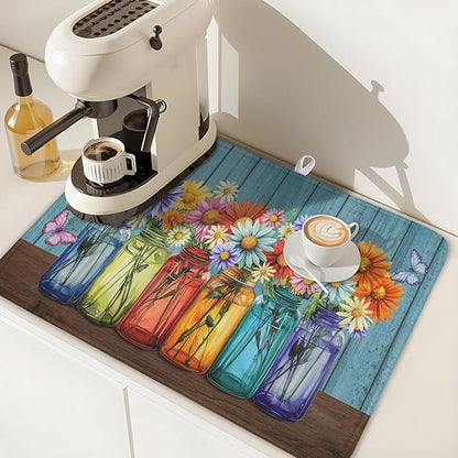 Vintage Floral Dish Drying Mat for Kitchen Counter Rustic Flower Vases Wooden Board Microfiber Dish Drainer Mat Spring Summer Absorbent Washable Drying Pad Extra Large 18"x24"