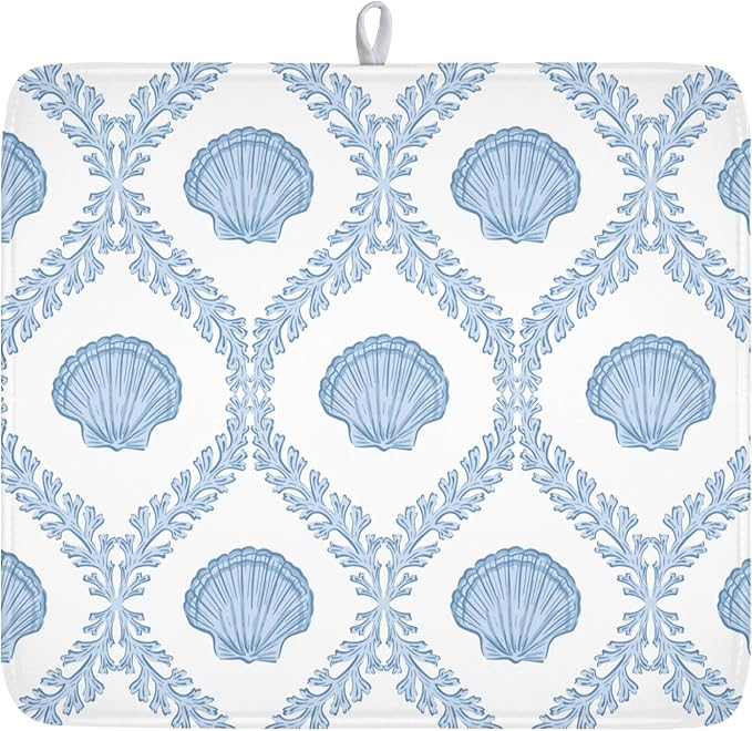 Summer Sea Shell Drying Mat 18x16 Inch, Light Blue Drying Mat with Absorbent Reversible Microfiber, Coastal Dish Drainer Mats Holiday Ocean Rack Pad for Coffee Countertop Kitchen Protector