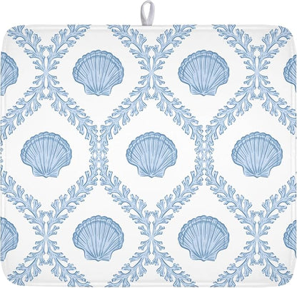 Summer Sea Shell Drying Mat 18x16 Inch, Light Blue Drying Mat with Absorbent Reversible Microfiber, Coastal Dish Drainer Mats Holiday Ocean Rack Pad for Coffee Countertop Kitchen Protector