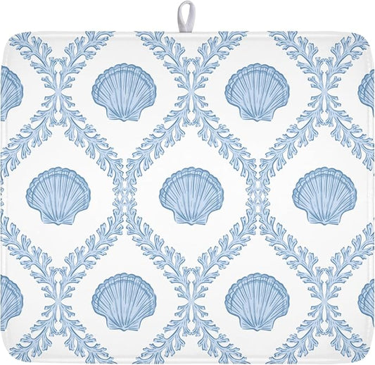Summer Sea Shell Drying Mat 18x16 Inch, Light Blue Drying Mat with Absorbent Reversible Microfiber, Coastal Dish Drainer Mats Holiday Ocean Rack Pad for Coffee Countertop Kitchen Protector