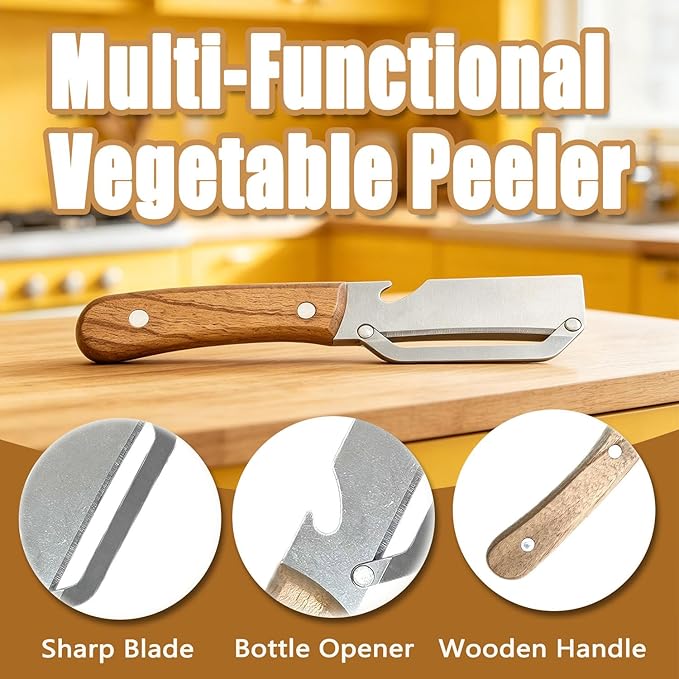 2Pcs Multi Functional Vegetable Peeler for Kitchen, with Bottle Opener and Wooden Handle, 2-in-1 Stainless Steel Kitchen Tool for Fruit Potato Pumpkin - Image 2