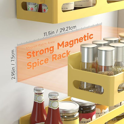 Sevenblue 4 Pack Strong Magnetic Spice Rack for Refrigerator, Multipurpose Magnetic Shelf for Fridge with 4 Hooks for kitchen and Bathroom Organization, Yellow - Image 2