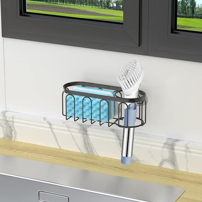 2-in-1 Sponge Holder for Kitchen Sink, Sink Caddy Kitchen Sink Organizer with 3 Suction Cups, No Drill Rustproof Sink Sponge Holder for Dish Brush, Soap & Sponge (Black)