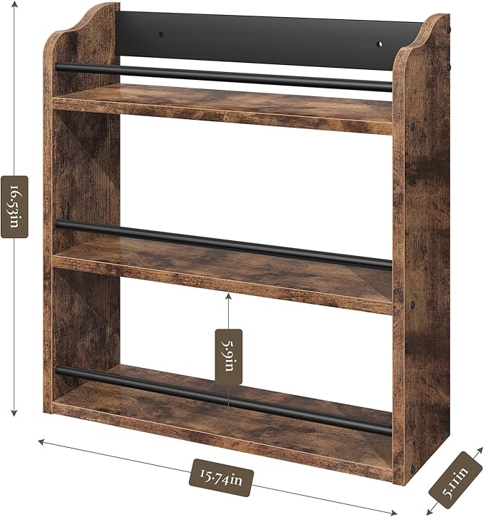 Spice Rack Wall Mounted, Wood 3 Tier Spice Rack for Countertop, Vertical Spice Organizer for Spice Jars and Seasonings, Hanging Spice Shelf for Kitchen Cabinet, or Pantry, Rustic Brown - Image 5