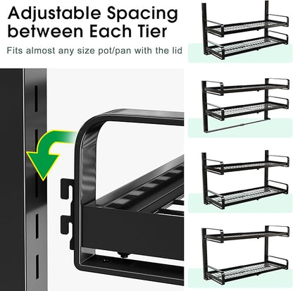 19"- 30" Expandable Hanging Pot Rack, 2 Tier Heavy Duty Wall Mounted Pots and Pans Organizer with 10 Hooks and 5 Pot Lid Holders, Pot Hanger Shelf for Kitchen Cookware Utensils Organizers and Storage - Image 3