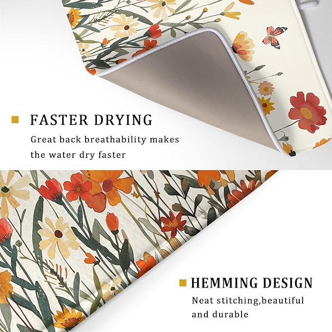 Fall Orange Wildflower Dish Drying Mat for Kitchen Counter,Autumn Floral Butterflies Drying Mat 18 x 24 Inch with Absorbent Reversible Microfiber Dish Drying Pad Dish Pad for Coffee Bar - Image 3