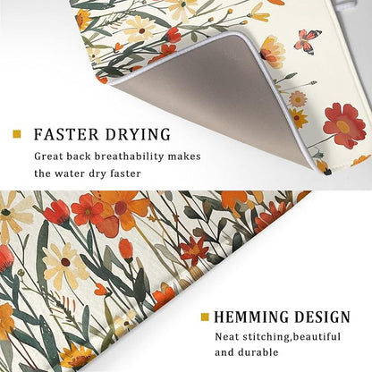Fall Orange Wildflower Dish Drying Mat for Kitchen Counter,Autumn Floral Butterflies Drying Mat 18 x 24 Inch with Absorbent Reversible Microfiber Dish Drying Pad Dish Pad for Coffee Bar - Image 3