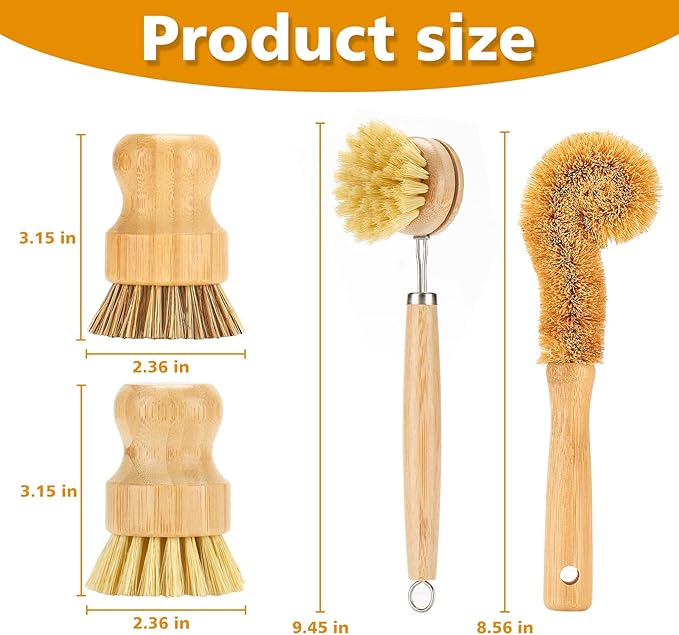 SAMEBUTECO Bamboo Dish Brushes Sets 4 Tools in One Kitchen Clean Dish Scrubber for Pots Pans Bottles with Natural Bristles (Bamboo Brushes Sets) - Image 2