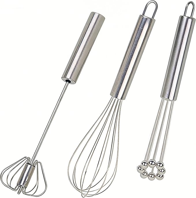 3 Packs Stainless Steel Whisk Set-Whisks for Cooking Non Scratch,Hand Push Rotary Whisk Blender,Balloon Whisk Kitchen Wisk Wire Whisks for Cooking,Whisking, Blending,Beating and Stirring by Unknown