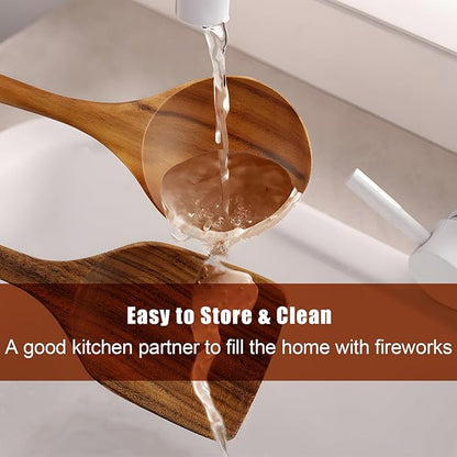 FJNATINH Wooden Spoons for Cooking, 10 Pcs Teak Wooden Cooking Utensil Set with Holder, Wooden Kitchen Utensils Set for Nonstick Pans & Cookware - Image 5