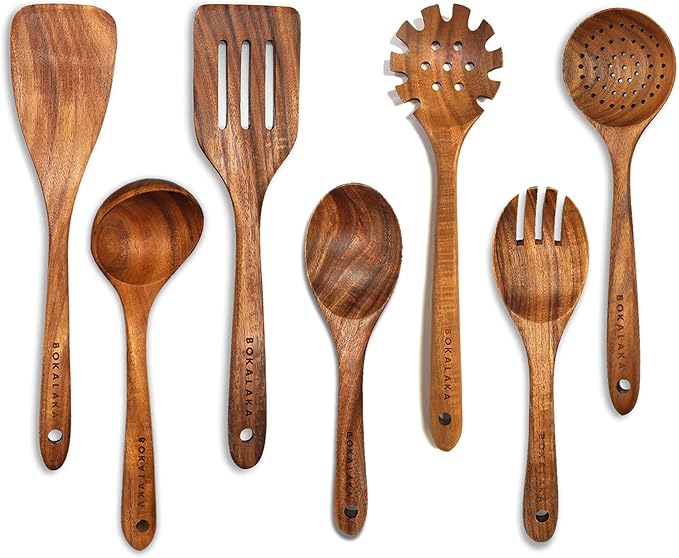 Teak Wooden Kitchen Utensil Set - 7Pcs Wooden Cooking Utensils Including Spatula by BOKALAKA