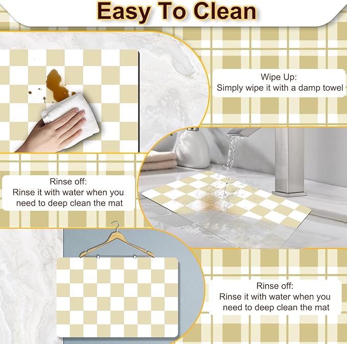 Dish Drying Mat for Kitchen Counter, 17’’ X 32’’ Absorbent Coffee Mat, Checkered Coffee Bar Mats for Espresso Machine Station, Hides Stains, Rubber Backed Dish Drying Pad, Beige & White