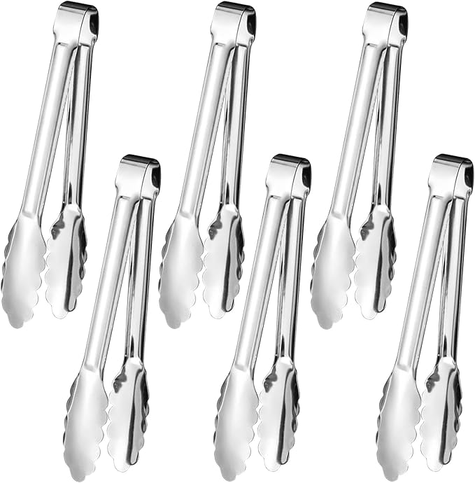 6pcs Stainless Steel Serving Tongs Gold or Silver Plated 9inch Heavy Duty Durable BBQ Clamps Design for Weddings Parties Banquets Buffets Family Gatherings Kitchen Cooking Serving Clip by IAXSEE