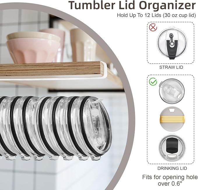 LveSunny Tumbler Lid Organizer,2 Pack Cup Lid Organizer for Yeti Tumbler Lids,Single Water Bottle Lids Organizer Holds Up to 12 Lids, Space Saving Under Cabinet Lid Holder Rack - Image 3