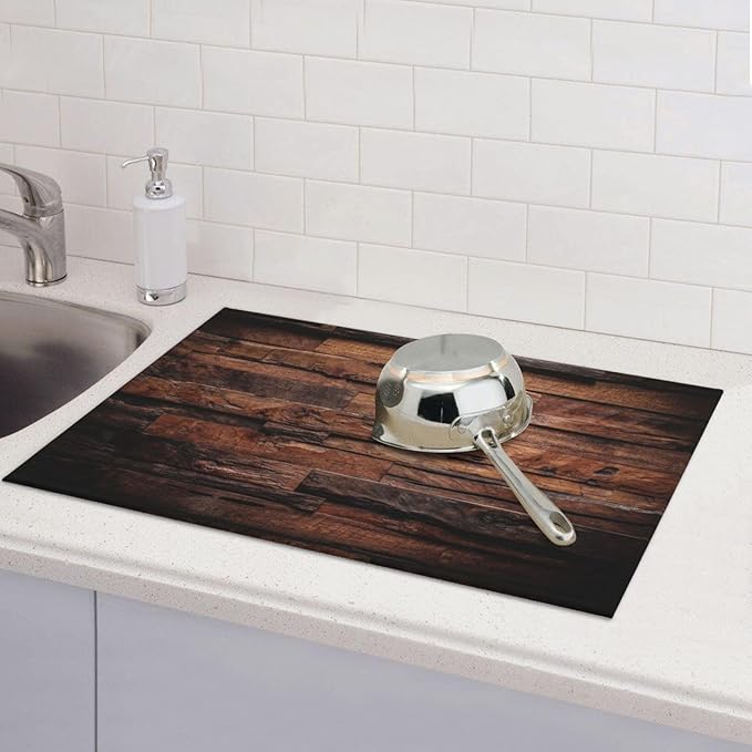Dark Wood Dish Drying Mat Vintage Natural Wooden Board Rustic Farmhouse Style Drying Rack Pad Countertop Dishes Ultra Absorbent Microfiber Kitchen Counter Mat 18x24 Inch