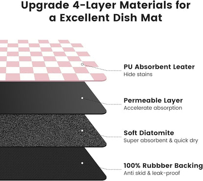 16" x 24" Checkered Dish Drying Mat for Kitchen Counter, Absorbent Coffee Bar Mat for Espresso Machine Coffee Countertops Accessories, Pink - Image 5