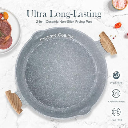 AIKENBBKK Ceramic Frying Pan with Lid, 14 Inch Saute Pan, Non Stick Frying Pans, 2-In-1 Large Cooking Pan, Nonstick Skillet, Compatible with All Stoves, PTFE & PFOA Free, Blue - Image 6