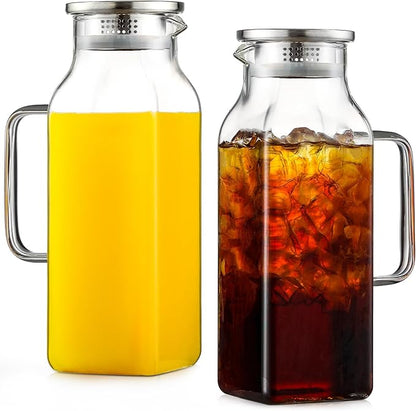 Netany 2 Pack 2.22 Liters/75 oz Square Glass Pitcher with Lid and Handle for Fridge, Iced Tea and Coffee Carafe Beverage Serveware, Heat Resistant Borosilicate Water Jug for Hot/Cold Drinks and Milk by NETANY