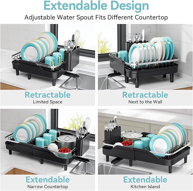 Urackify Expandable Dish Rack for Kitchen Counter,16.14"-23.62" Large Stainless Steel Dish Drying Rack with Adjustable Water Spout, Space Saving Dish Drainer with Auto Draining Cutlery Holder,Black - Image 4