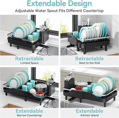 Urackify Expandable Dish Rack for Kitchen Counter,16.14"-23.62" Large Stainless Steel Dish Drying Rack with Adjustable Water Spout, Space Saving Dish Drainer with Auto Draining Cutlery Holder,Black - Image 4