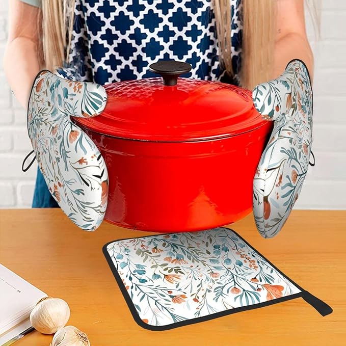 Teal Orange Watercolor Floral Oven Mitts and Pot Holders Sets of 3, Heat Resistant Non-Slip Washable, Chef Cooking Baking Gifts for Women Bakers, Burnt Orange Blue Green Flowers Charming Kitchen Decor - Image 3