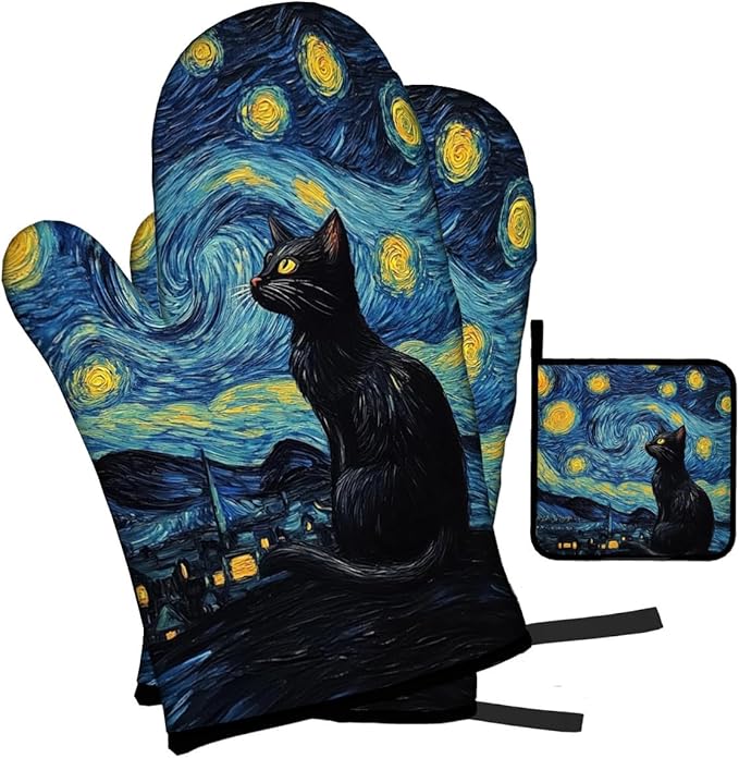 LOKMU Oven Mitts and Pot Holders Set of 3, Starry Night and Black Cat Heat Resistant Kitchen Gloves Hot Pads for Cooking Baking BBQ, Kitchen Decor Gifts for Cooking Lover Cooks