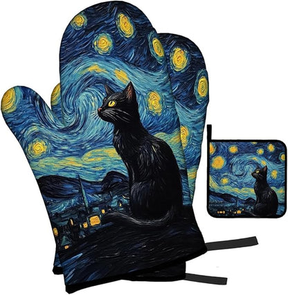 LOKMU Oven Mitts and Pot Holders Set of 3, Starry Night and Black Cat Heat Resistant Kitchen Gloves Hot Pads for Cooking Baking BBQ, Kitchen Decor Gifts for Cooking Lover Cooks