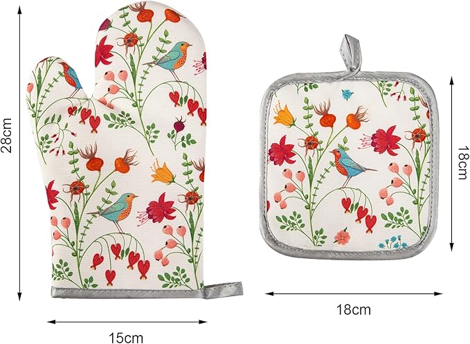 Kitchen Oven Mitts and Pot Holders Sets, Flower Bird Print Oven Gloves and Potholders,Heat-Resistant Oven Gloves and Hot Pads, Kitchen Accessories,Gifts for Women